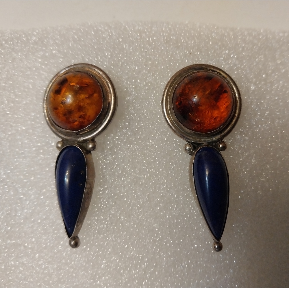 VINTAGE NATIVE AMERICANSTERLING SILVER  AMBER +LAPIS LAZULI EARRINGS 40×18mm